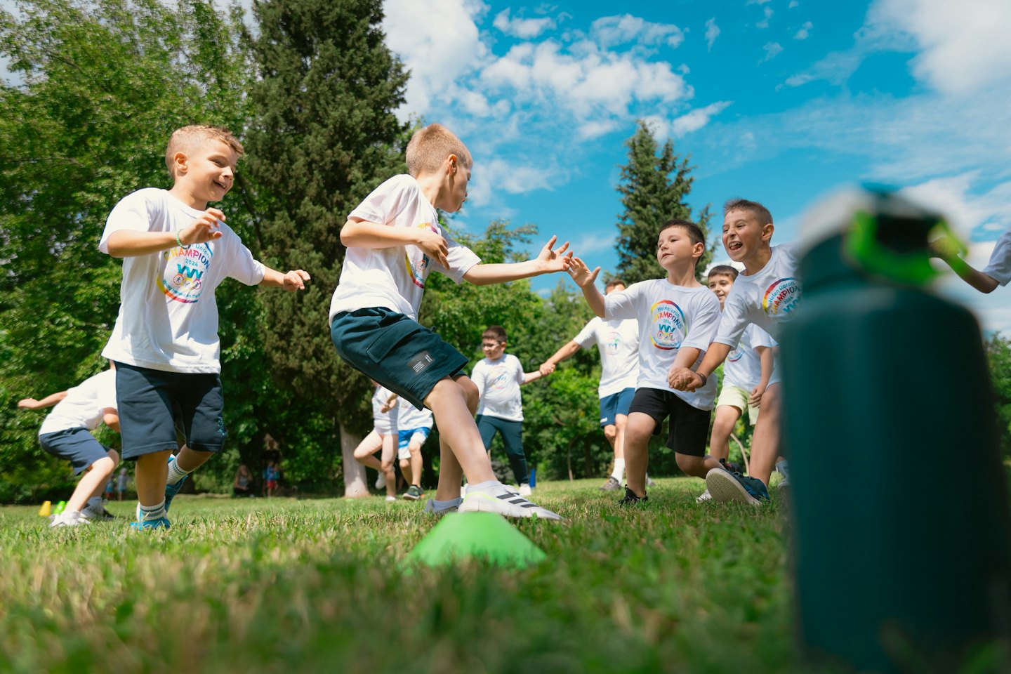 Kinder spielen auf einer sonnigen grünen Wiese.
